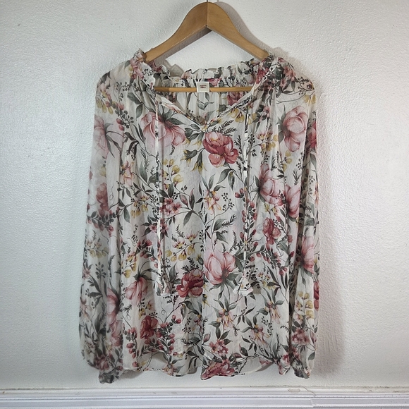 Autres Filles Tops - Autres Filles Small Floral Sheer Blouse Boho Tie Neck Top